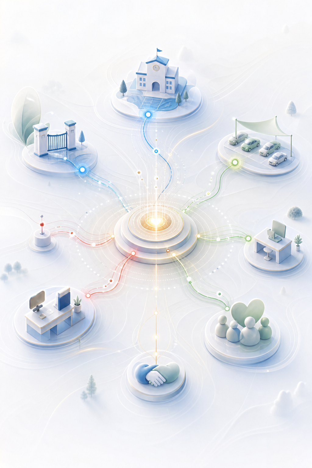 Illustration of a connected school operations network linking the gate, school, office, parking, staff, and families through one event hub.